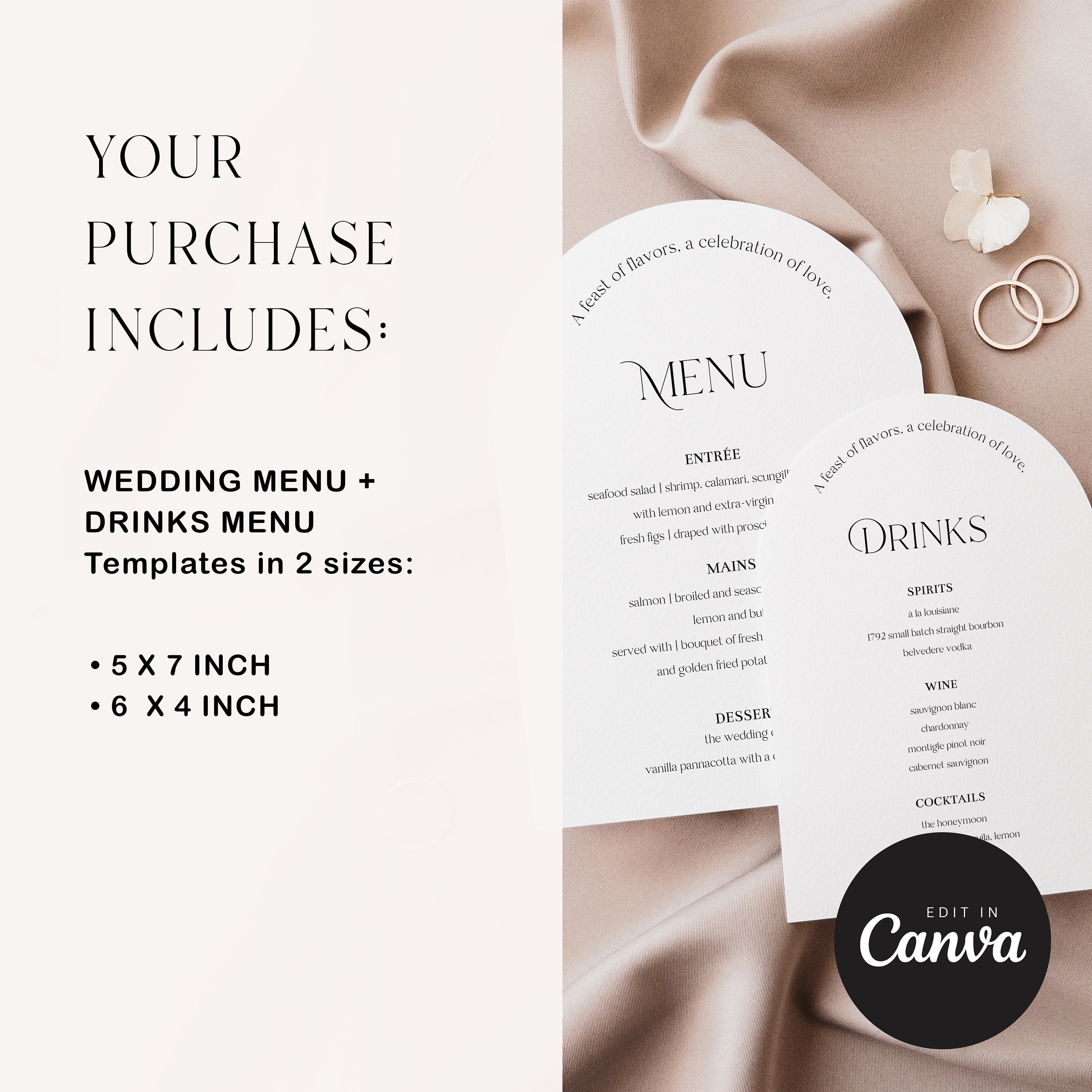 Arch Wedding Menu Template, Minimalist Modern Drink Menu (Canva, Instant Download) — minimalist design detail