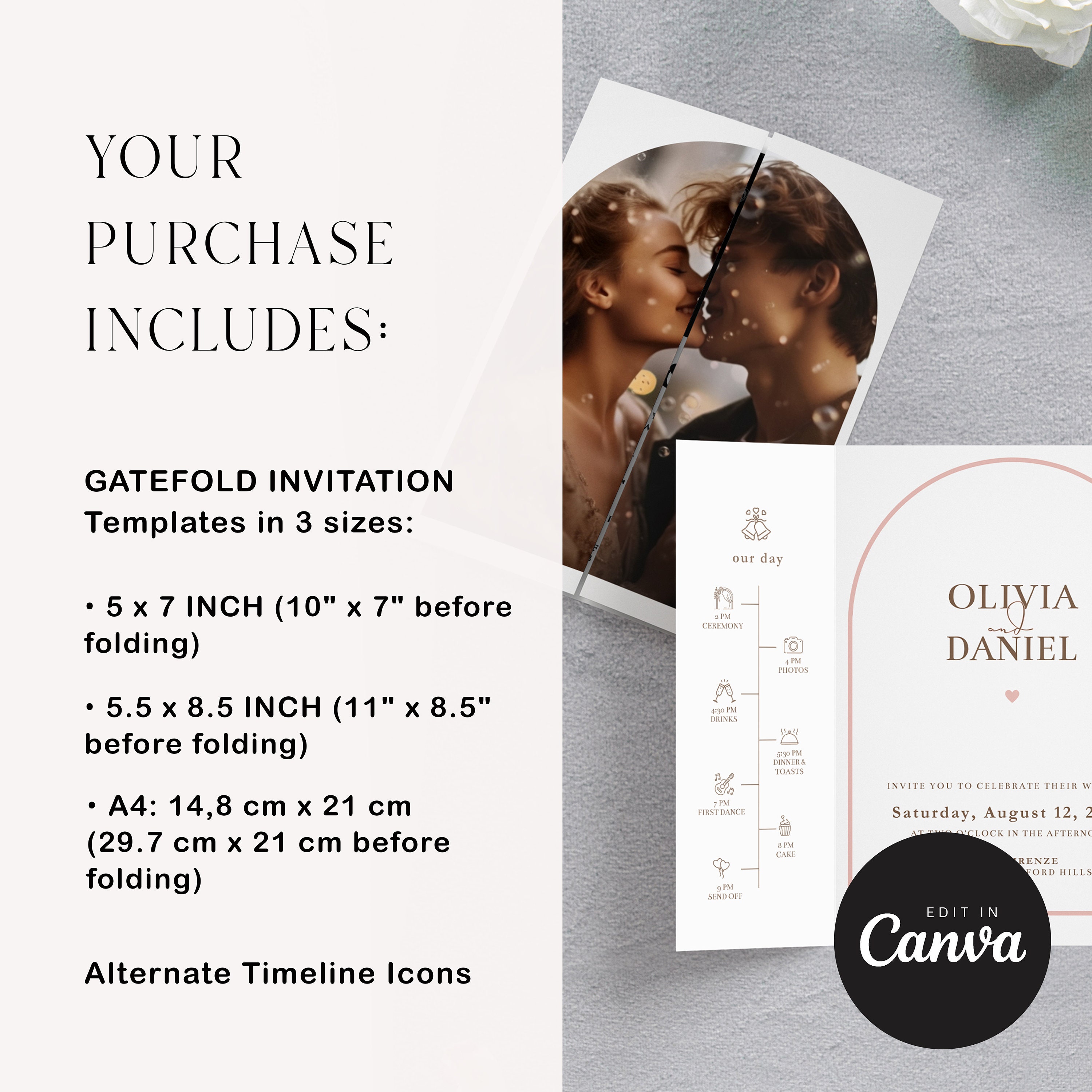 Arch Gatefold Wedding Invitation Template: Canva Trifold With Photo Design, Inst - image 2