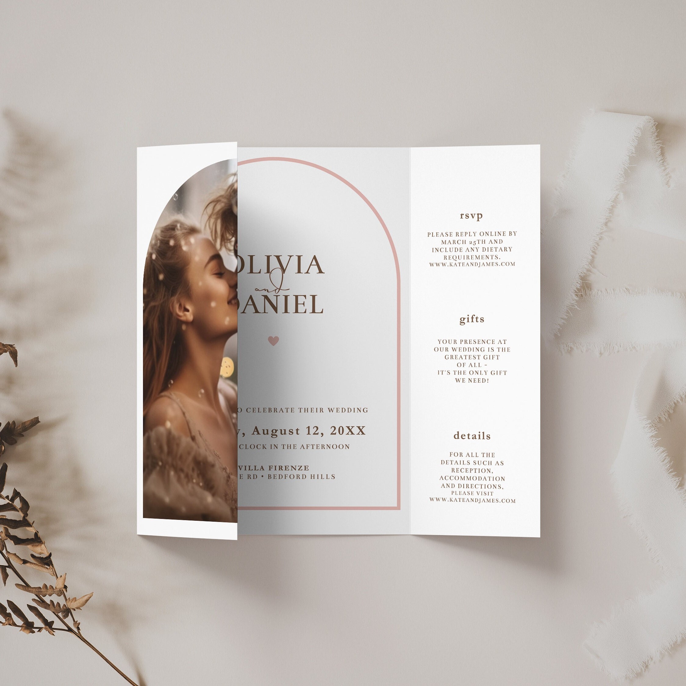 Arch Gatefold Wedding Invitation Template: Canva Trifold With Photo Design, Inst - image 7
