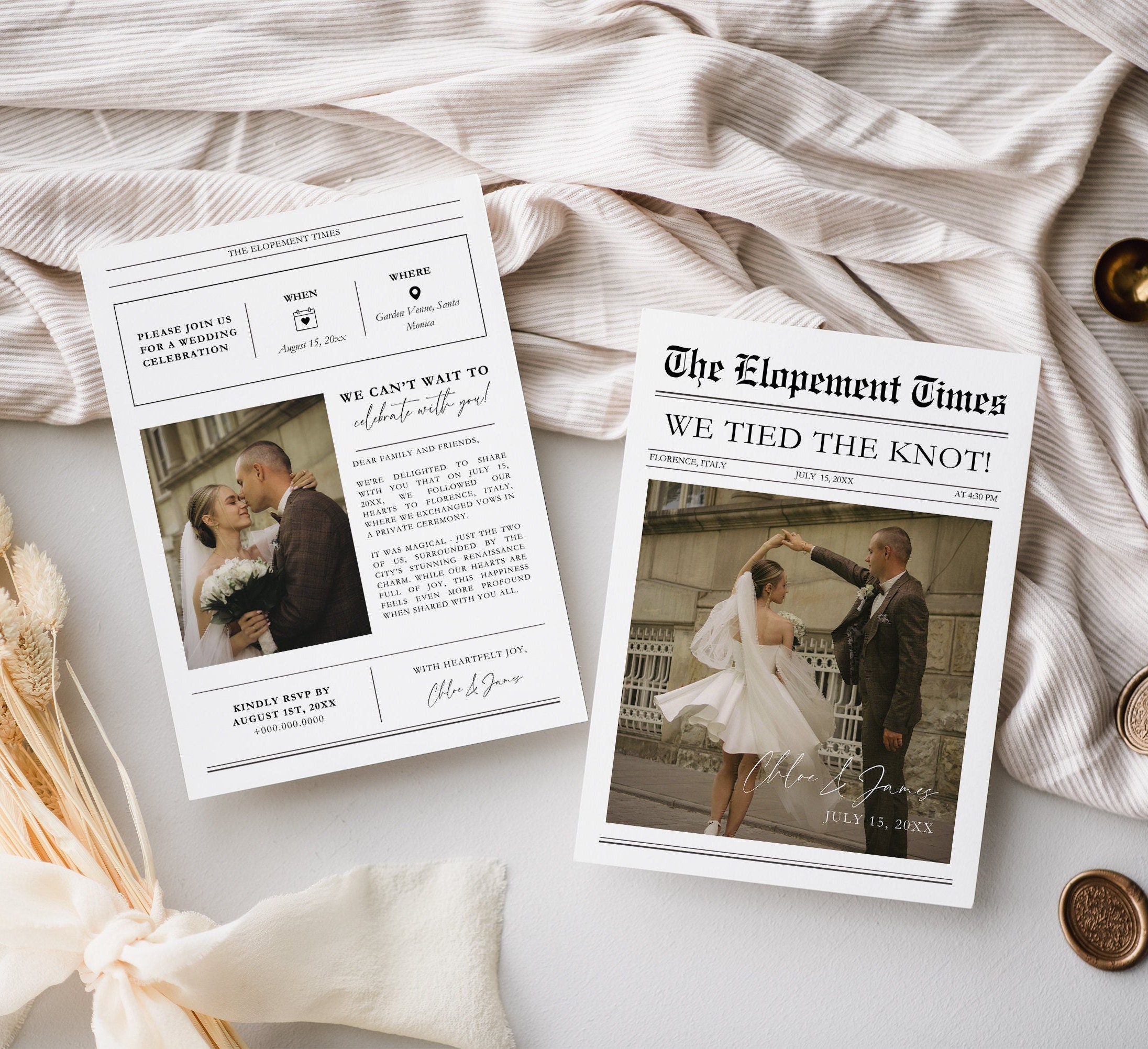 Zeitung Foto Elopement Karte, Empfang Party Einladung Canva Vorlage, Sofort Download — Hauptansicht