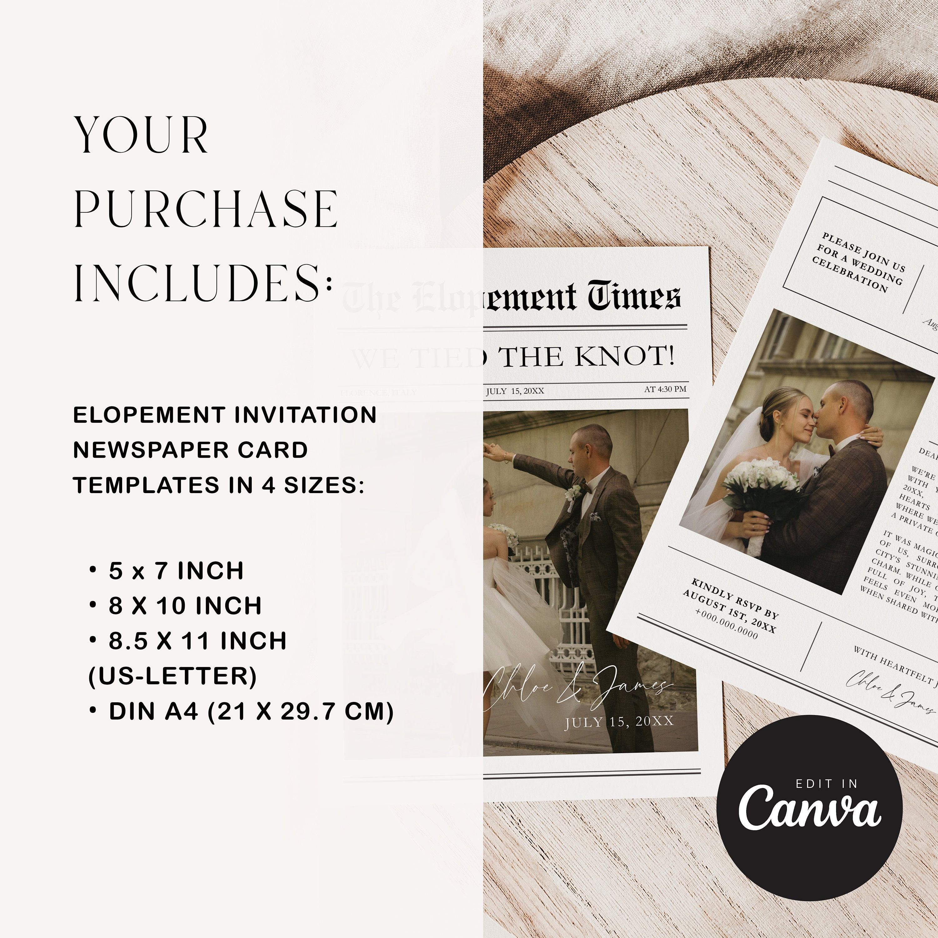 Zeitung Foto Elopement Karte, Empfang Party Einladung Canva Vorlage, Sofort Download — minimalistisches Design — Detailansicht