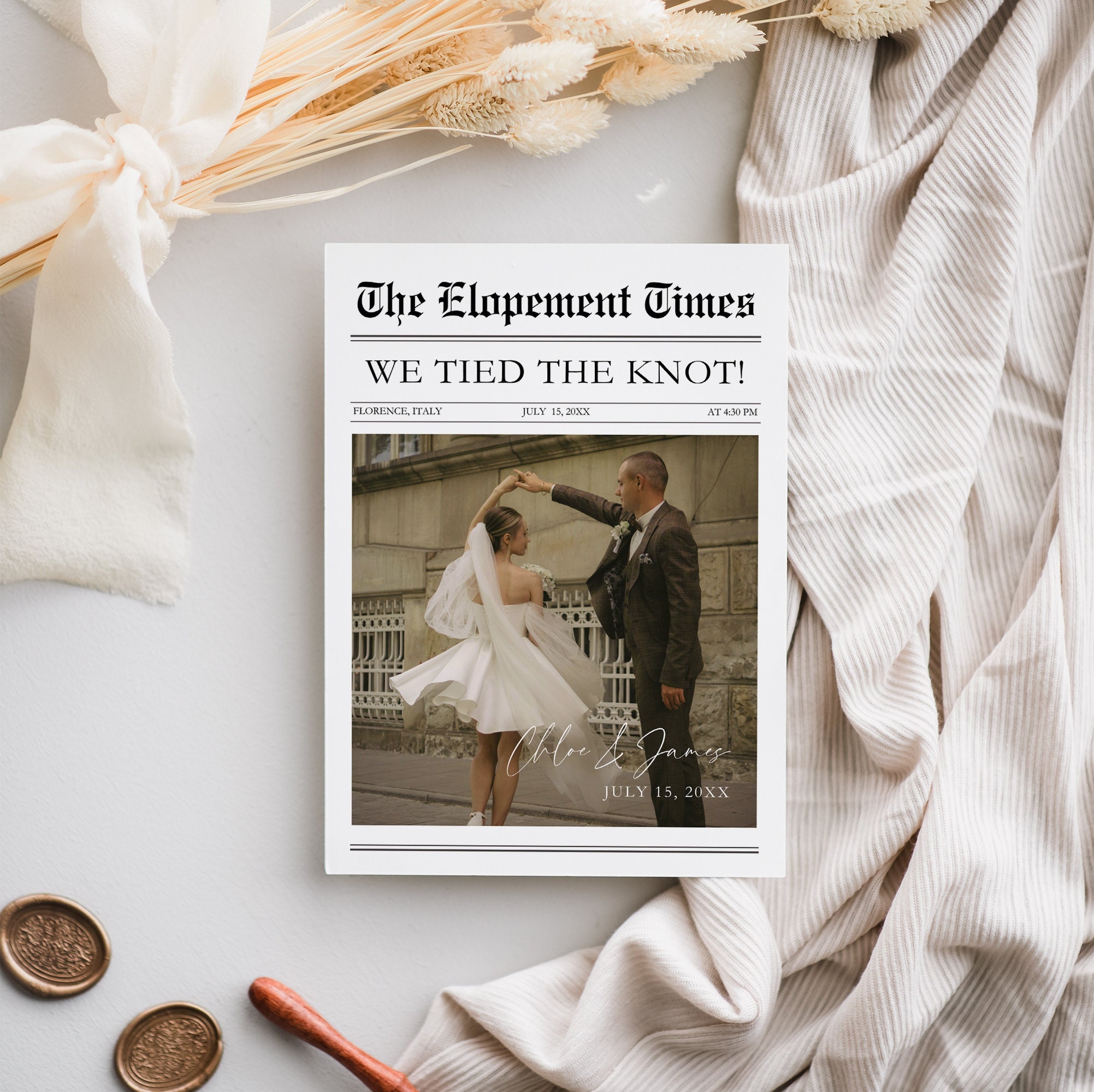 Zeitung Foto Elopement Karte, Empfang Party Einladung Canva Vorlage, Sofort Download — Druckgrößen und Layout-Vorschau