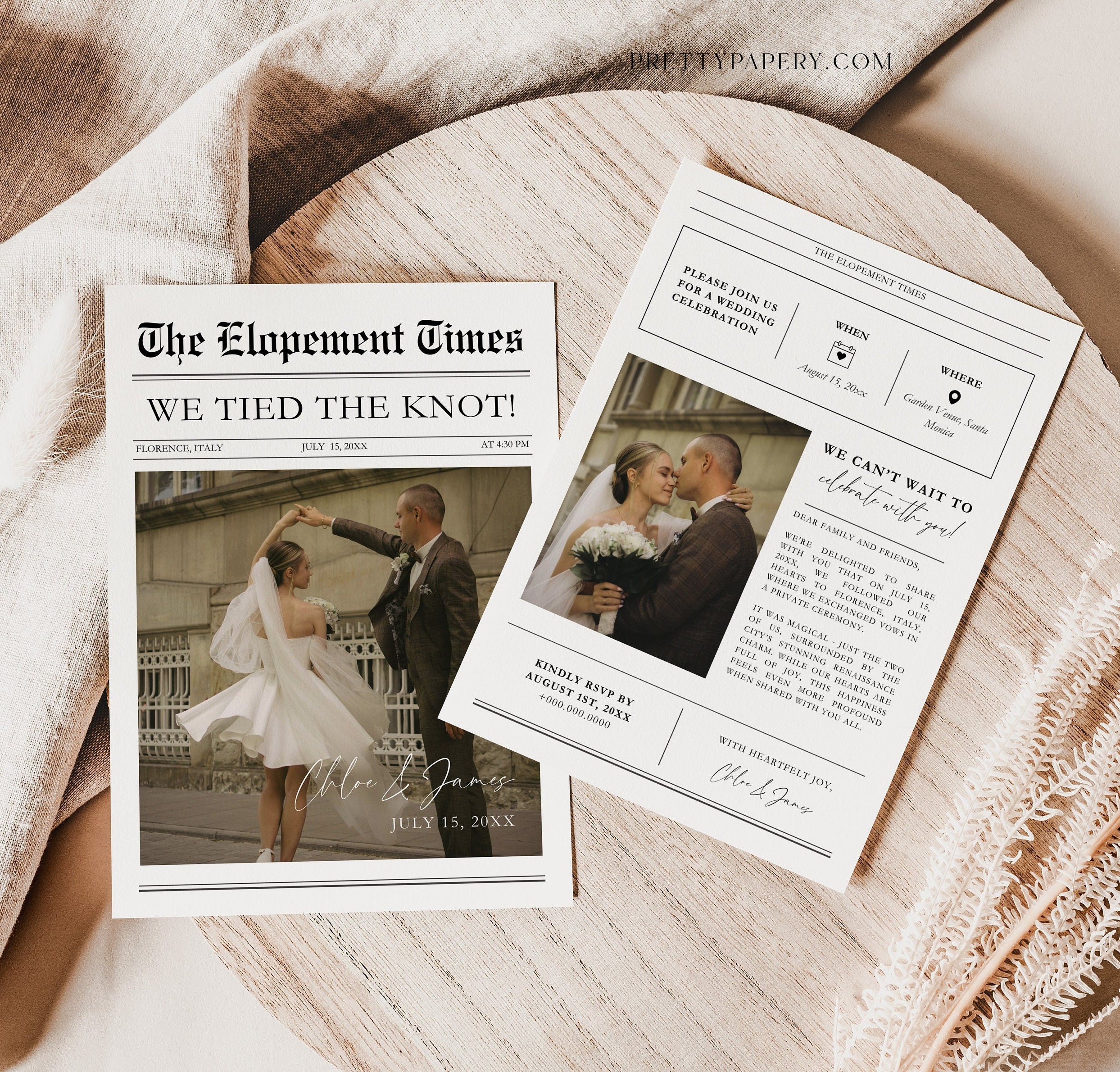 Zeitung Foto Elopement Karte, Empfang Party Einladung Canva Vorlage, Sofort Download — in echter Hochzeits-Umgebung