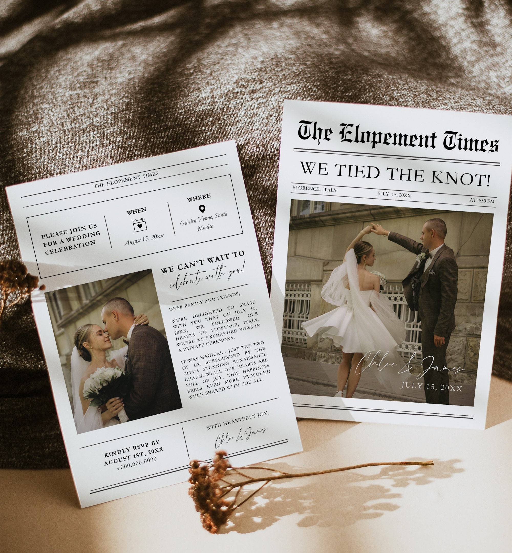 Zeitung Foto Elopement Karte, Empfang Party Einladung Canva Vorlage, Sofort Download — zweite Design-Variante