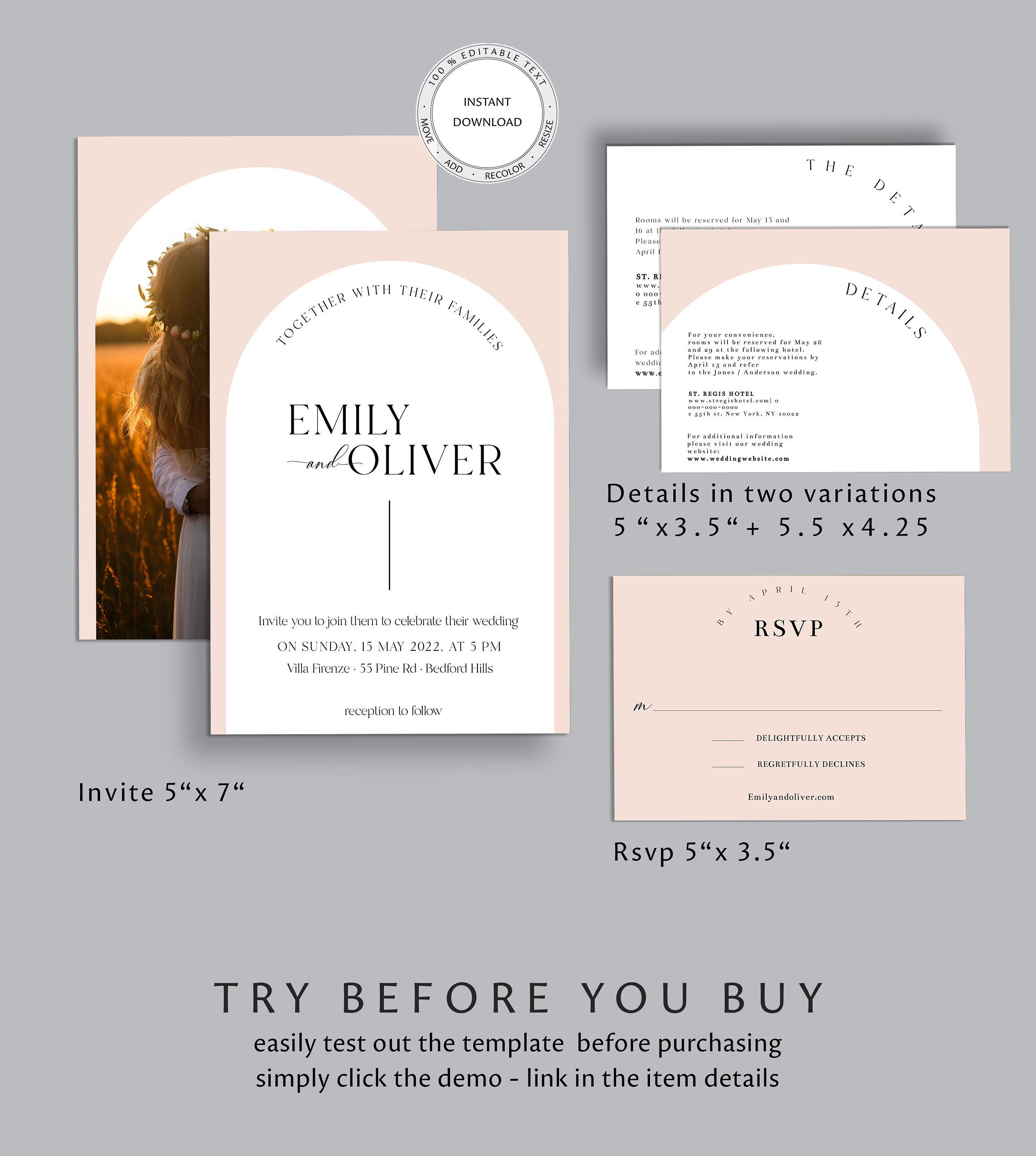 Arch Wedding Invitation Suite Template,  Boho Wedding, RSVP, Details, Instant Do - image 3