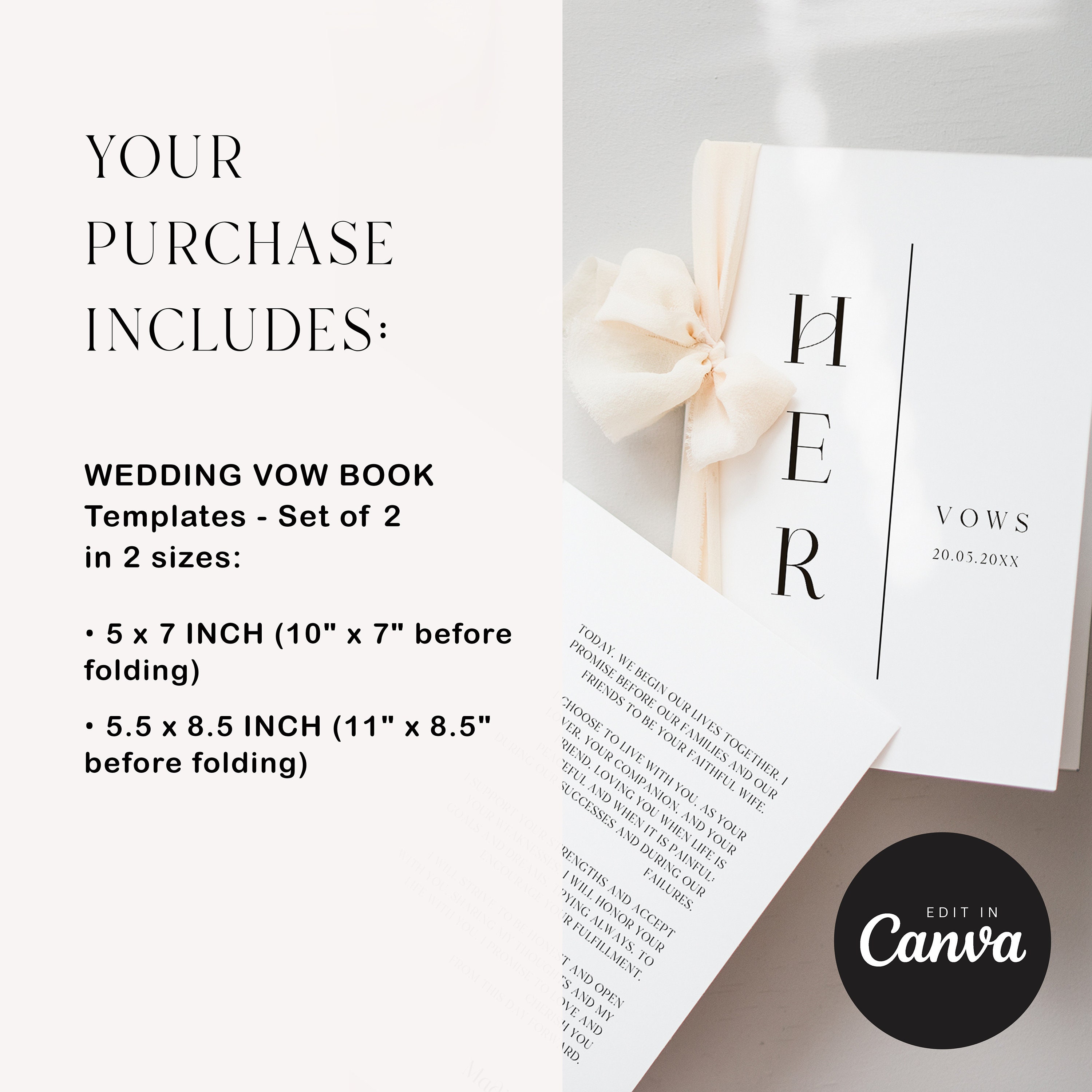 Elegant Wedding Vow Book Template: His & Hers, Editable Canva Cards (Instant Download) — minimalist design detail