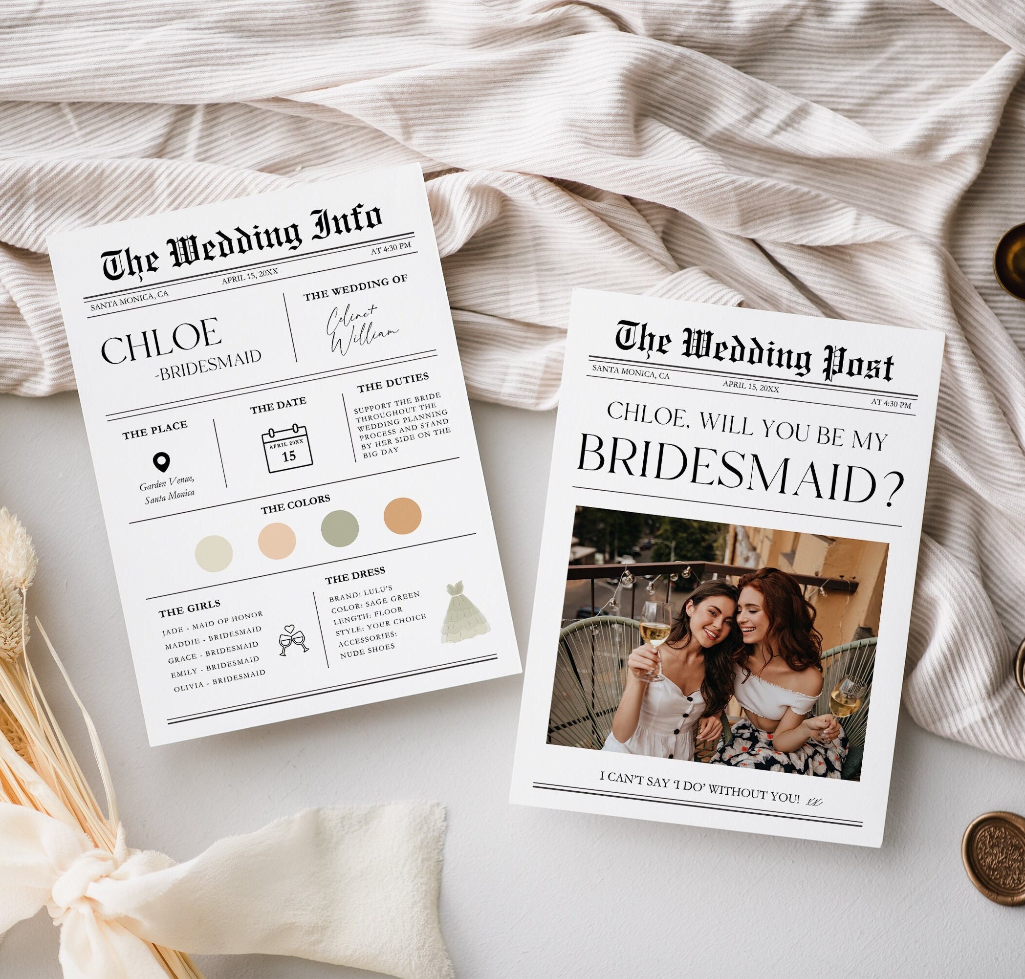 Newspaper Style Bridesmaid Proposal Card Template, Photo Info Card (Instant Down