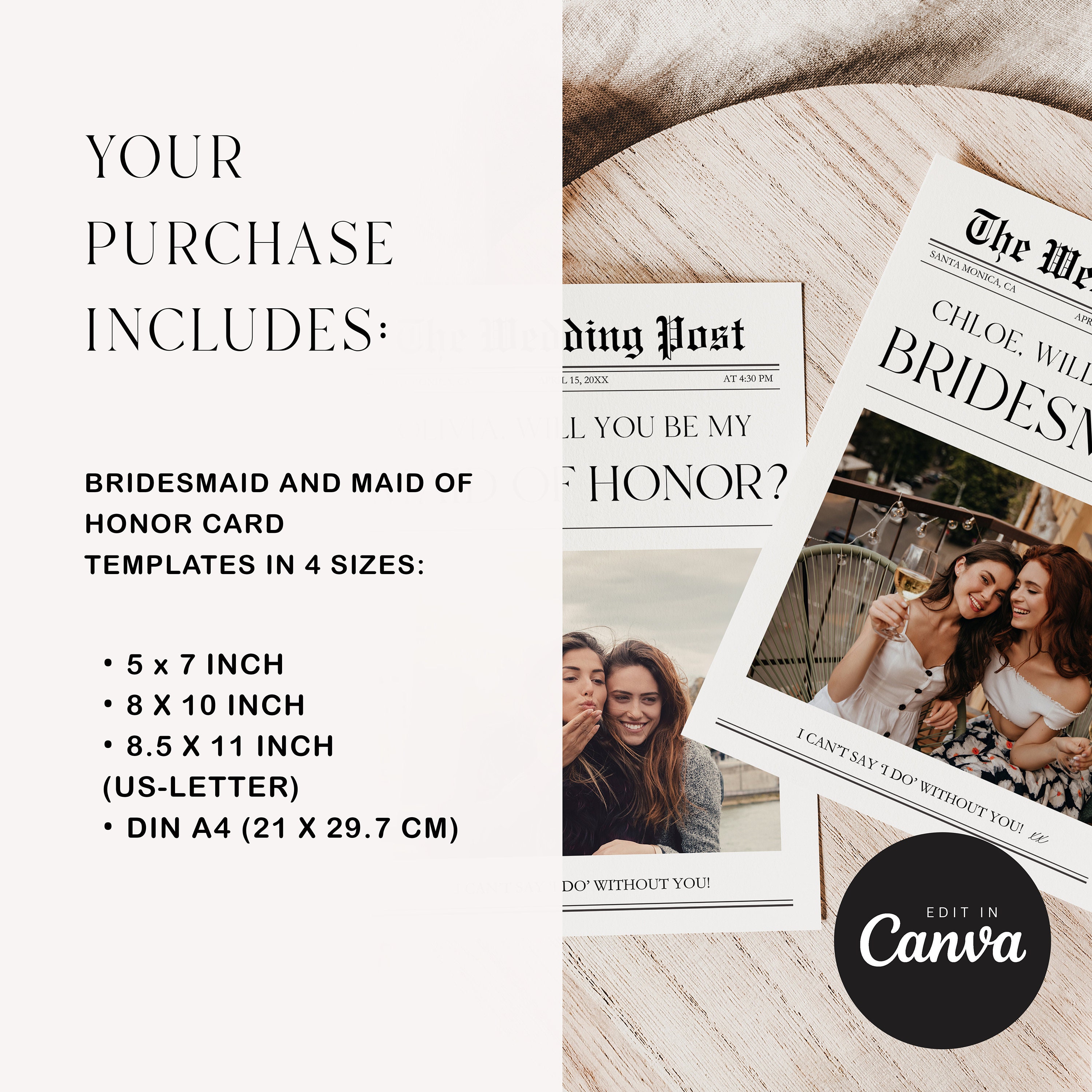 Newspaper Style Bridesmaid Proposal Card Template, Photo Info Card (Instant Down - image 2