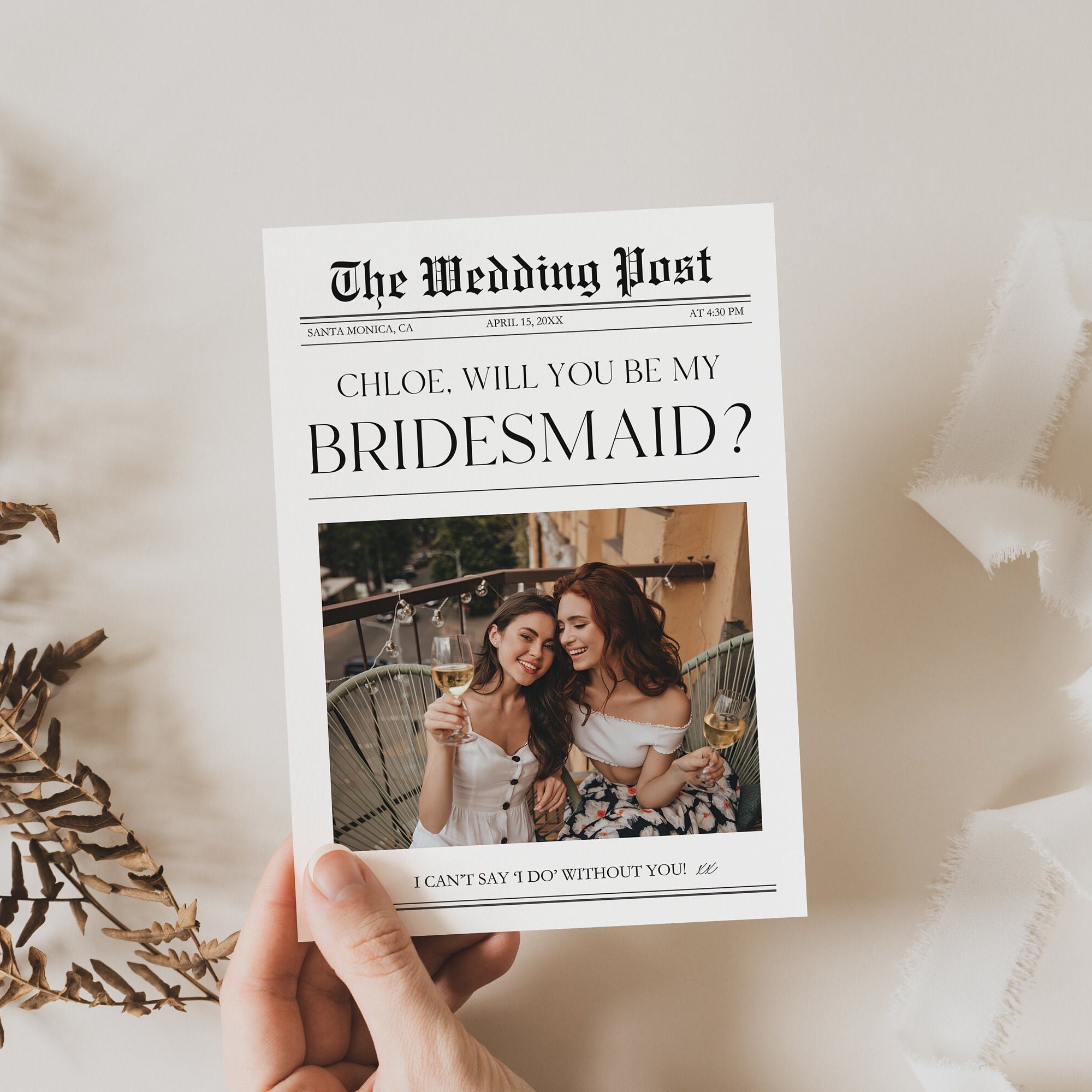 Newspaper Style Bridesmaid Proposal Card Template, Photo Info Card (Instant Down - image 4