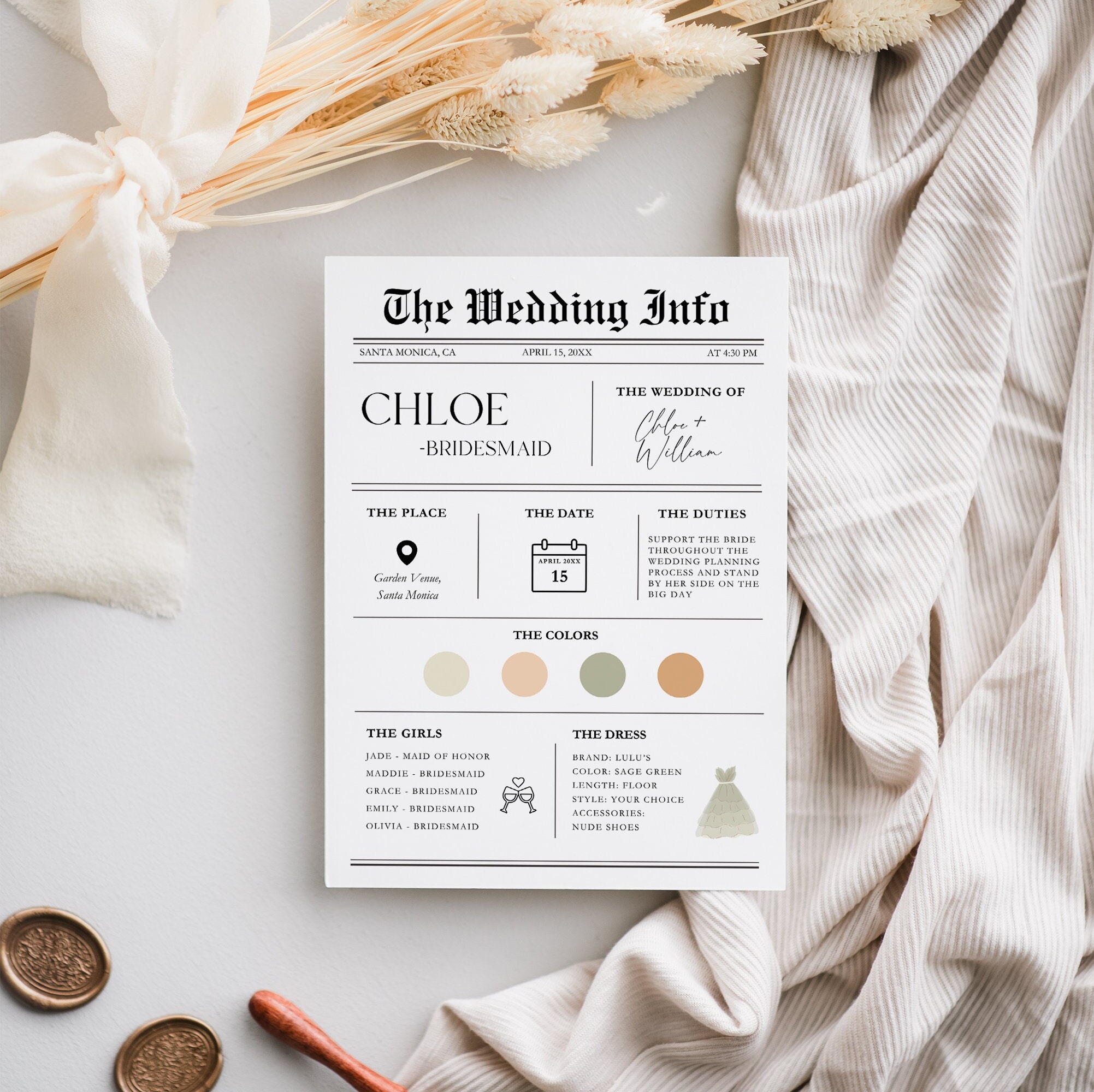 Newspaper Style Bridesmaid Proposal Card Template, Photo Info Card (Instant Down - image 7