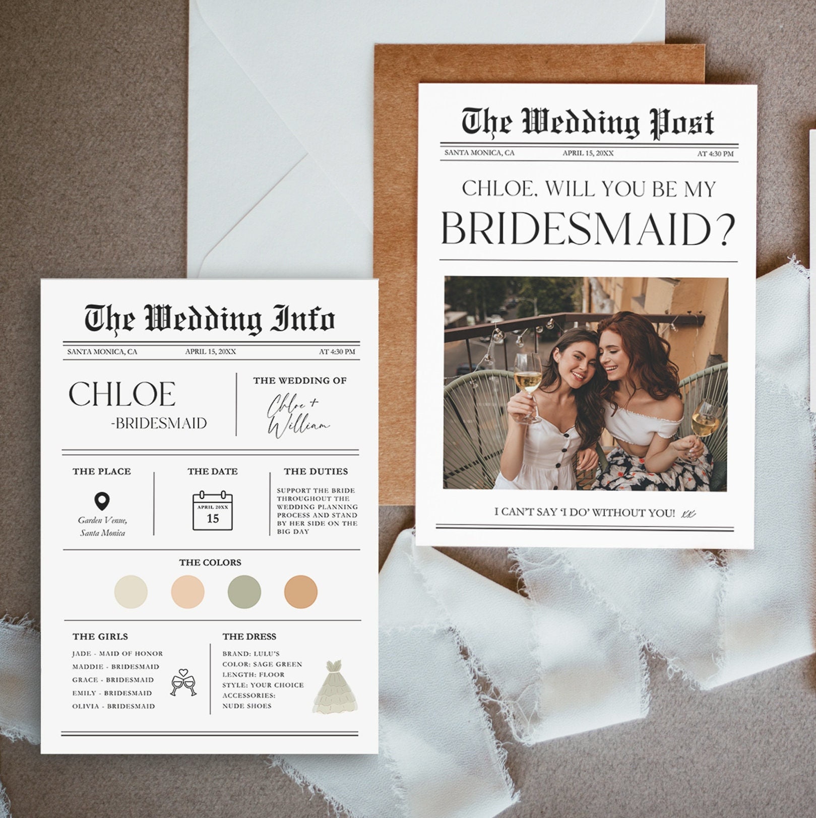 Newspaper Style Bridesmaid Proposal Card Template, Photo Info Card (Instant Down - image 10