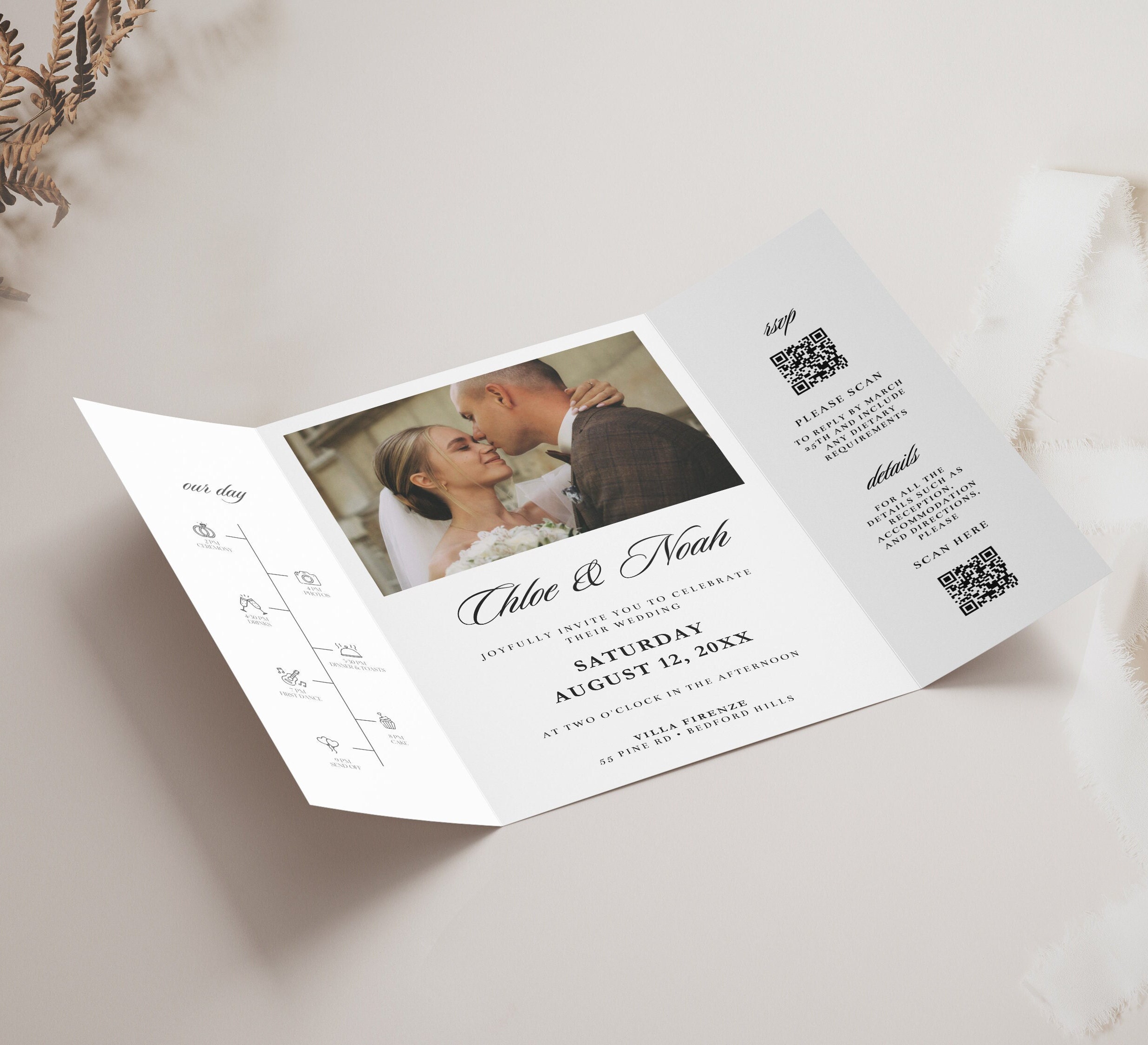 Foto Klappkarte, Hochzeitseinladung, minimalistisches Design (SOFORT DOWNLOAD) — Farb- und Schriftanpassung — Vorschau