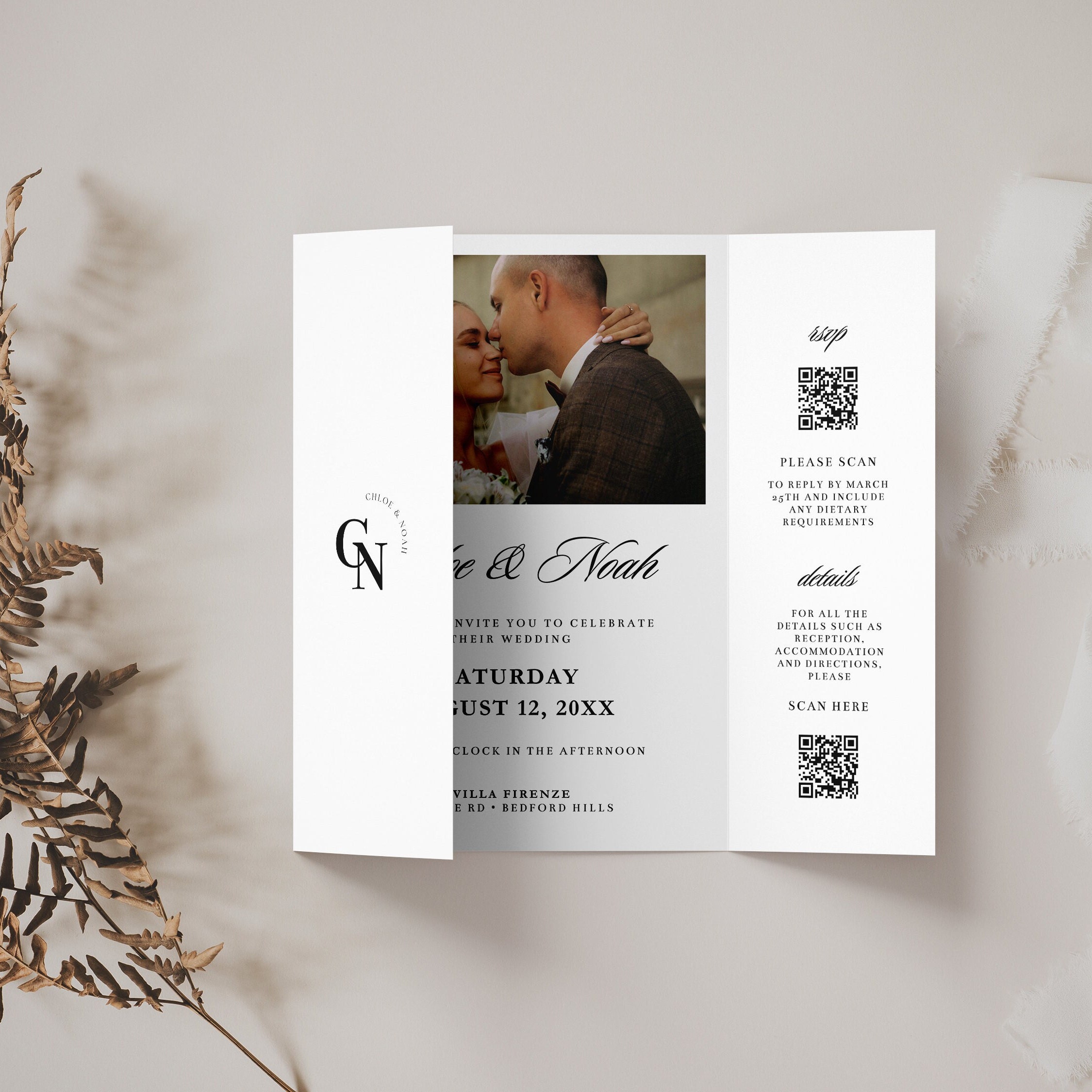 Foto Klappkarte, Hochzeitseinladung, minimalistisches Design (SOFORT DOWNLOAD) — Sofort-Download-Dateien — Vorschau