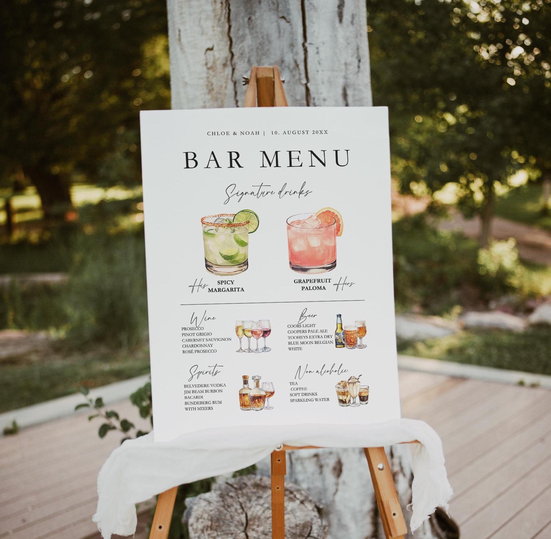 Hochzeit Bar Menü Schild Vorlage, Signature Getränke (Canva Vorlage, Sofort Download) — Hauptansicht