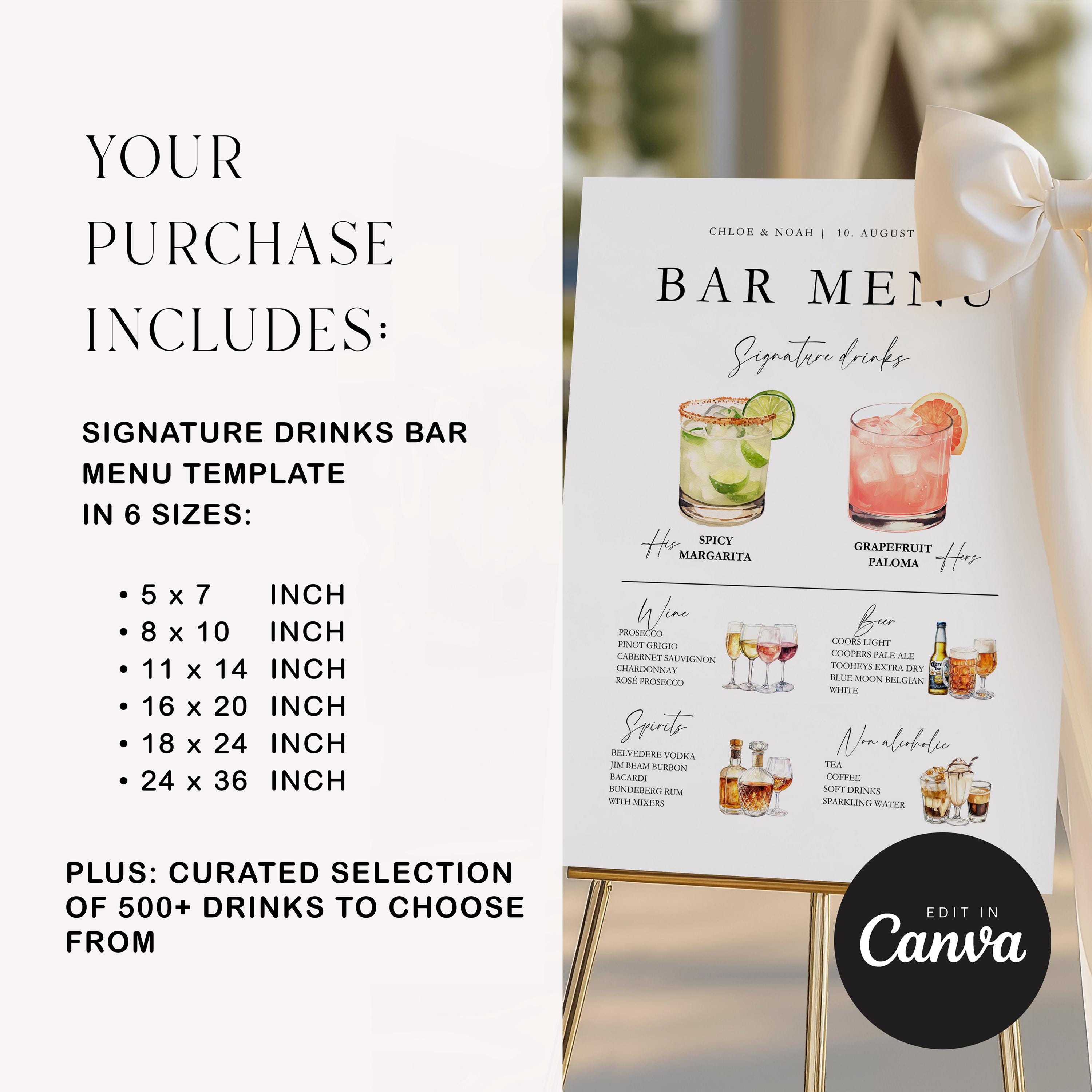 Hochzeit Bar Menü Schild Vorlage, Signature Getränke (Canva Vorlage, Sofort Download) — minimalistisches Design — Detailansicht