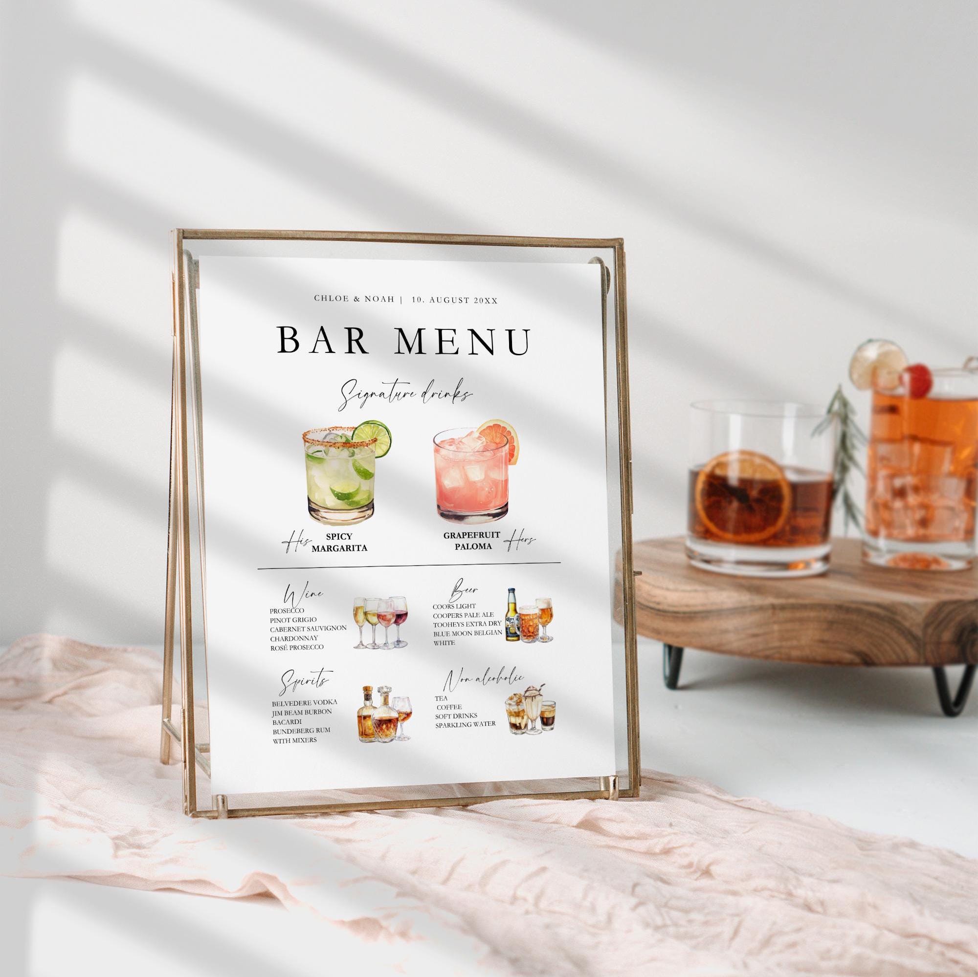 Hochzeit Bar Menü Schild Vorlage, Signature Getränke (Canva Vorlage, Sofort Download) — Farb- und Schriftanpassung — Vorschau
