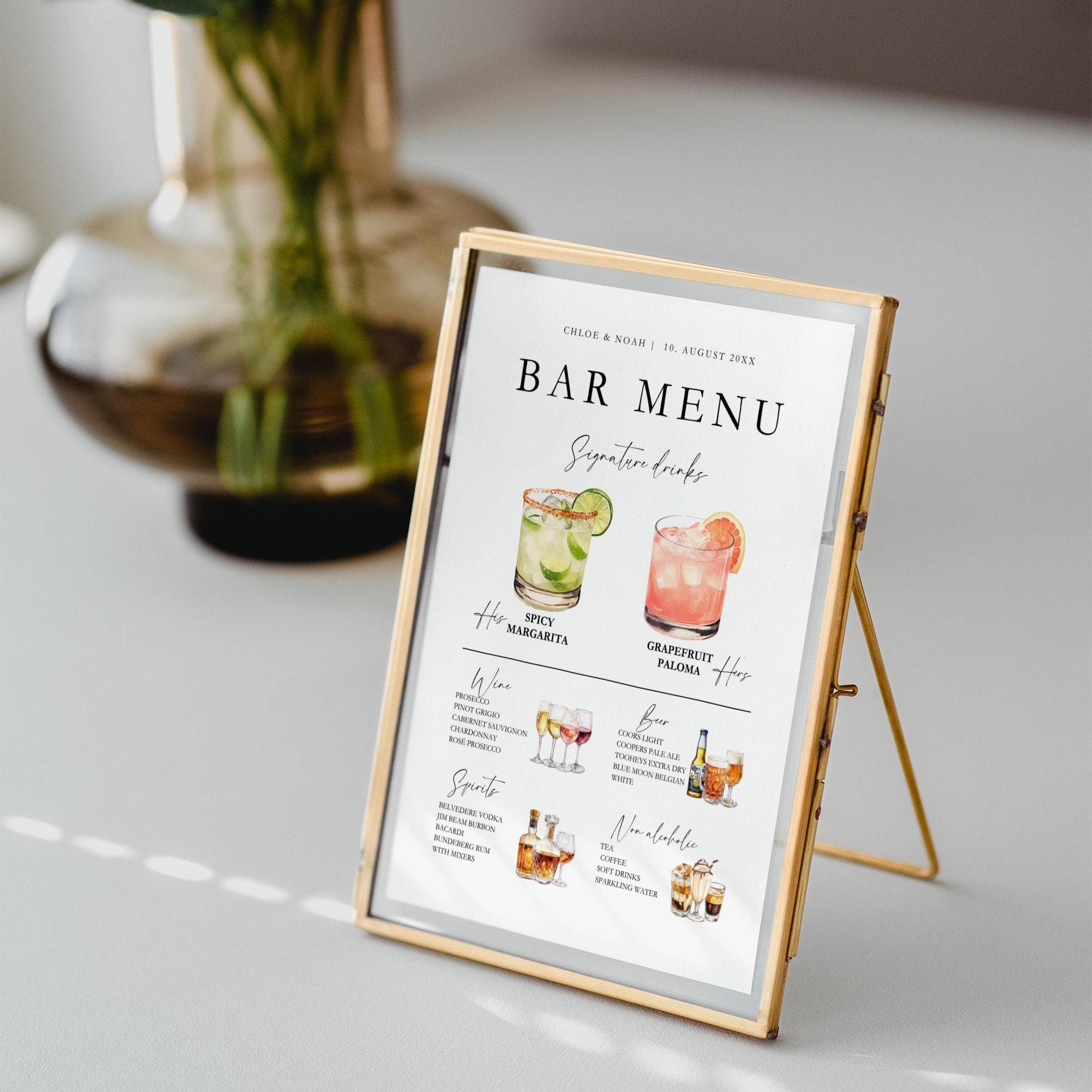 Hochzeit Bar Menü Schild Vorlage, Signature Getränke (Canva Vorlage, Sofort Download) — alternative Farbvariante