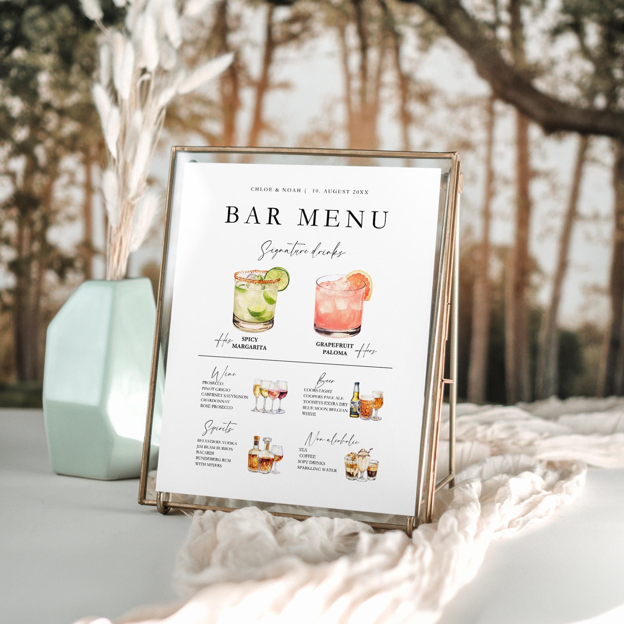 Hochzeit Bar Menü Schild Vorlage, Signature Getränke (Canva Vorlage, Sofort Download) — weitere Design-Ansicht