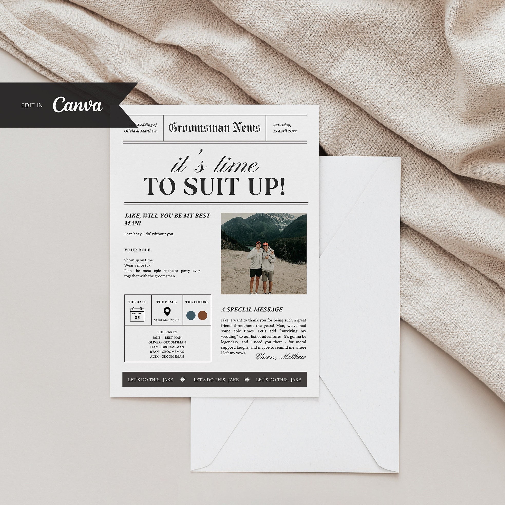 Newspaper Groomsmen Proposal Template, Suit Up Card (Canva, Instant Download) - image 8