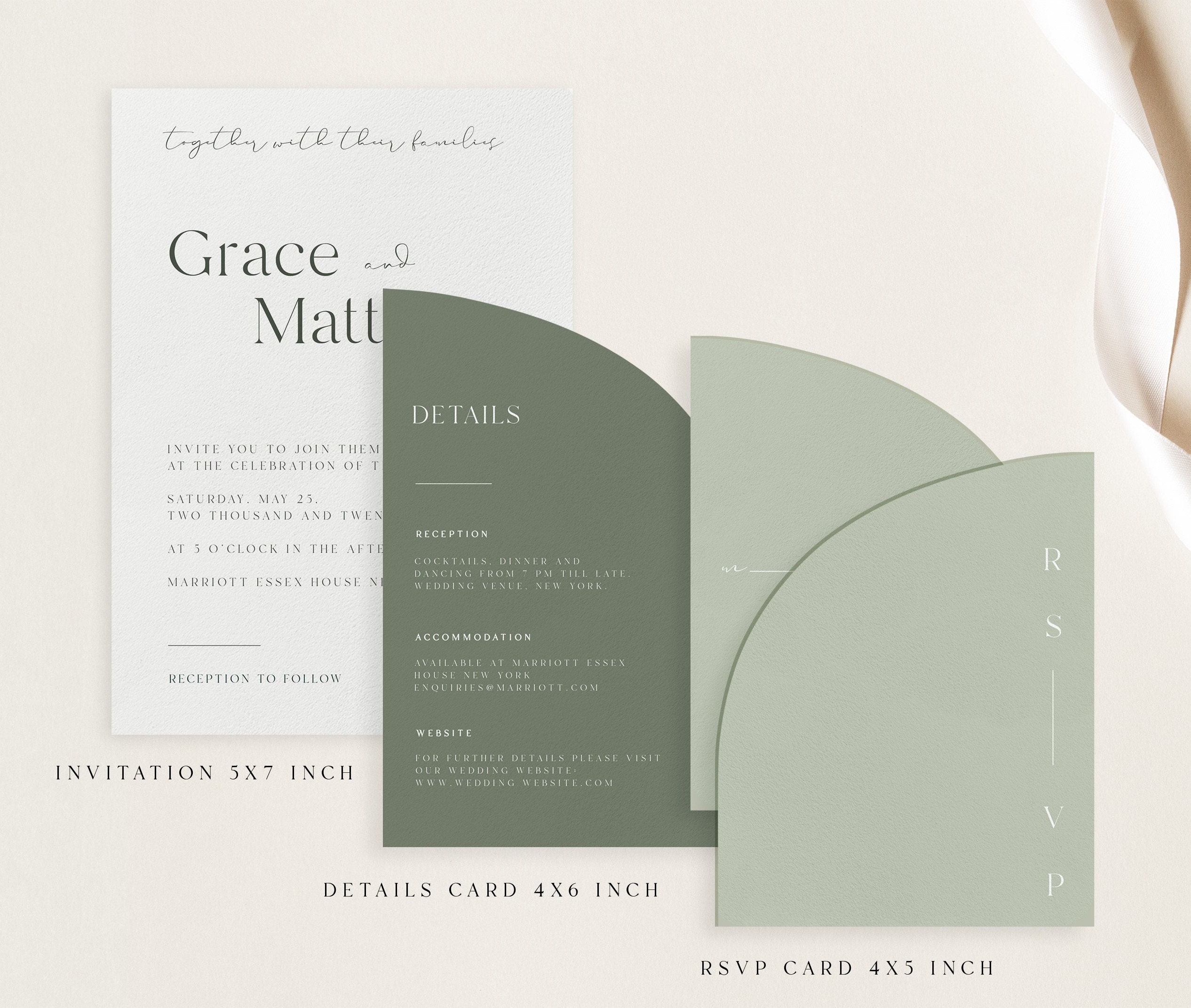 Sage Green Half Arch Wedding Invitation Suite, Minimalist Canva Template (Instant Download — Canva editor view