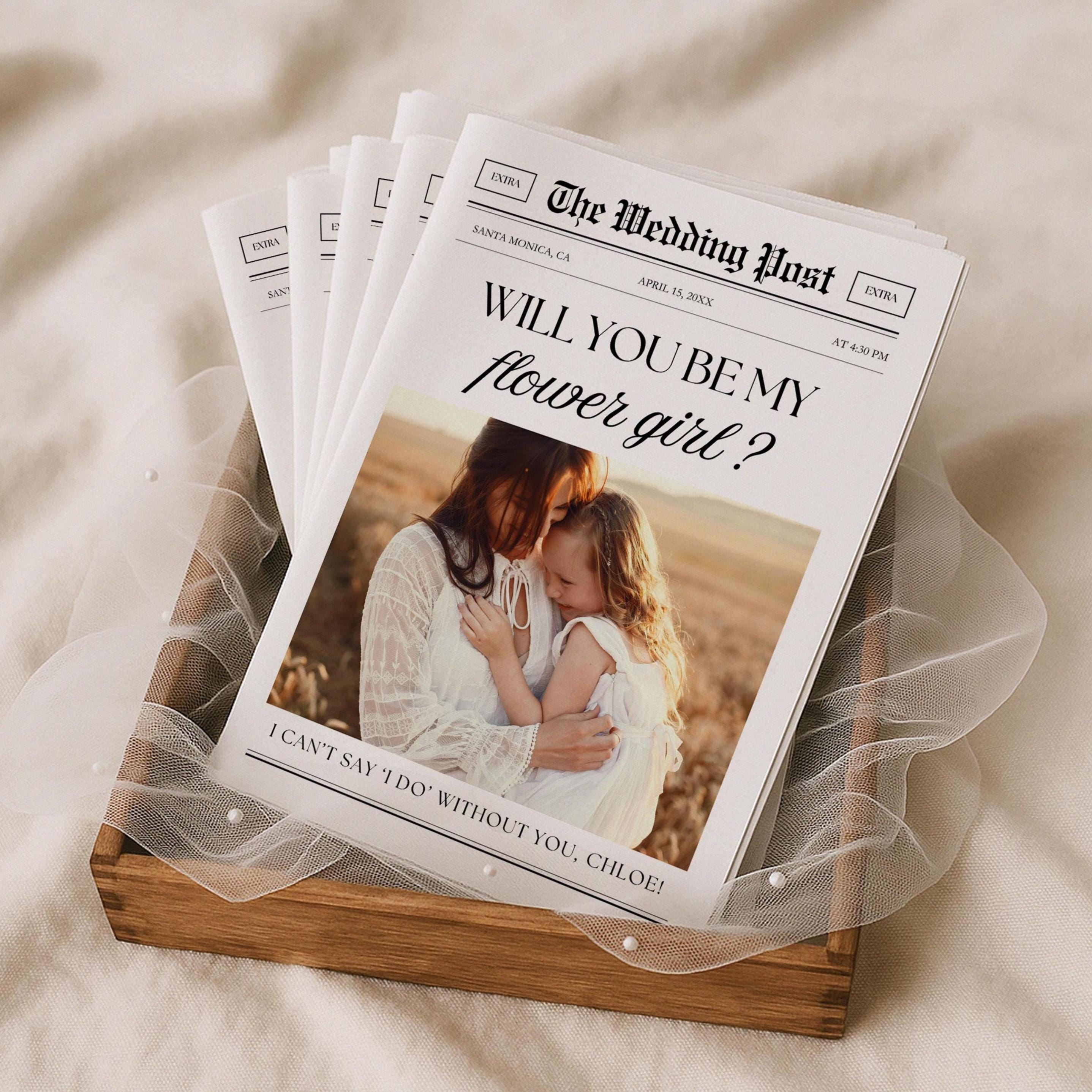 Flower Girl Proposal Newspaper Template, Editable Canva Desi