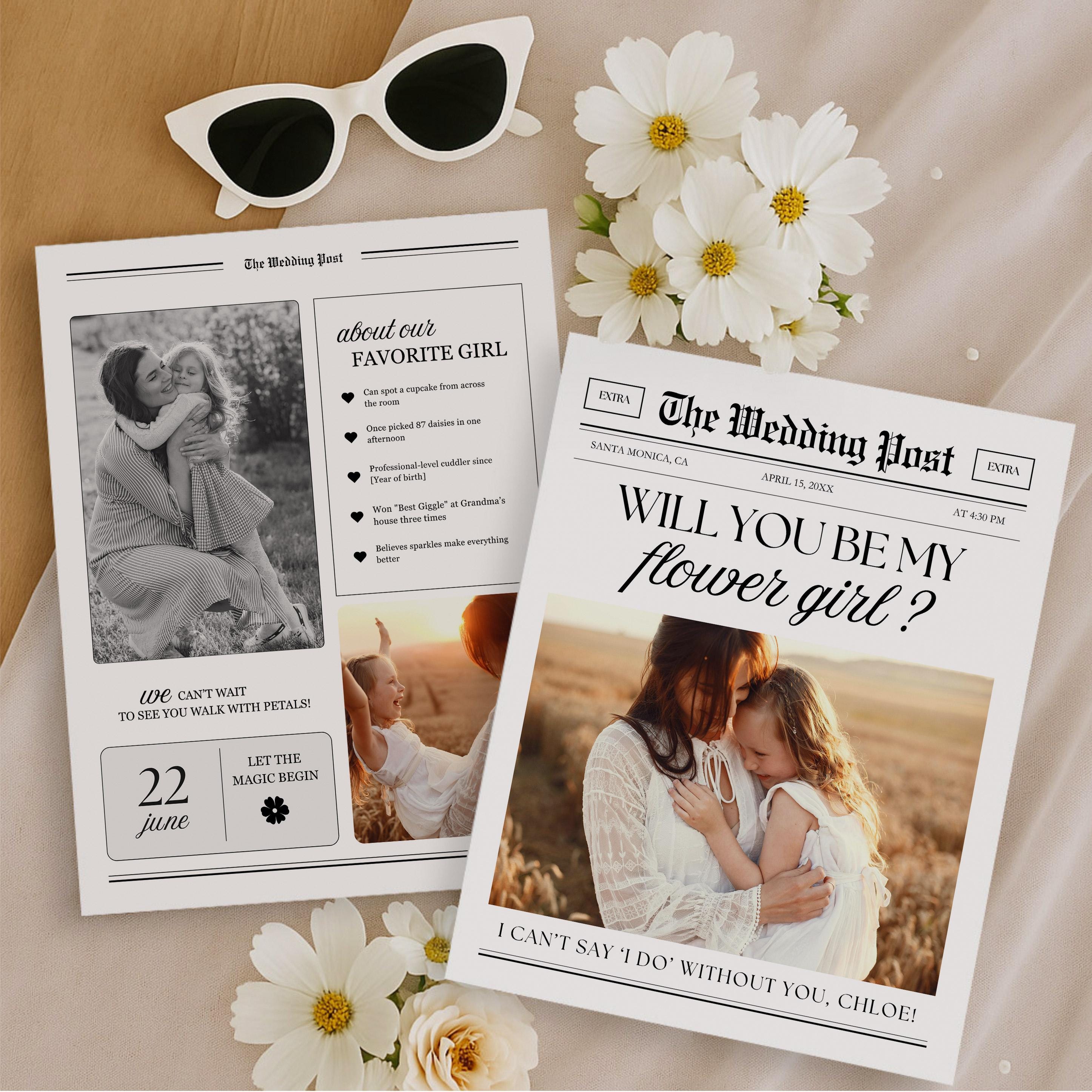 Flower Girl Proposal Newspaper Template, Editable Canva Design (Instant Download) — minimalist design detail