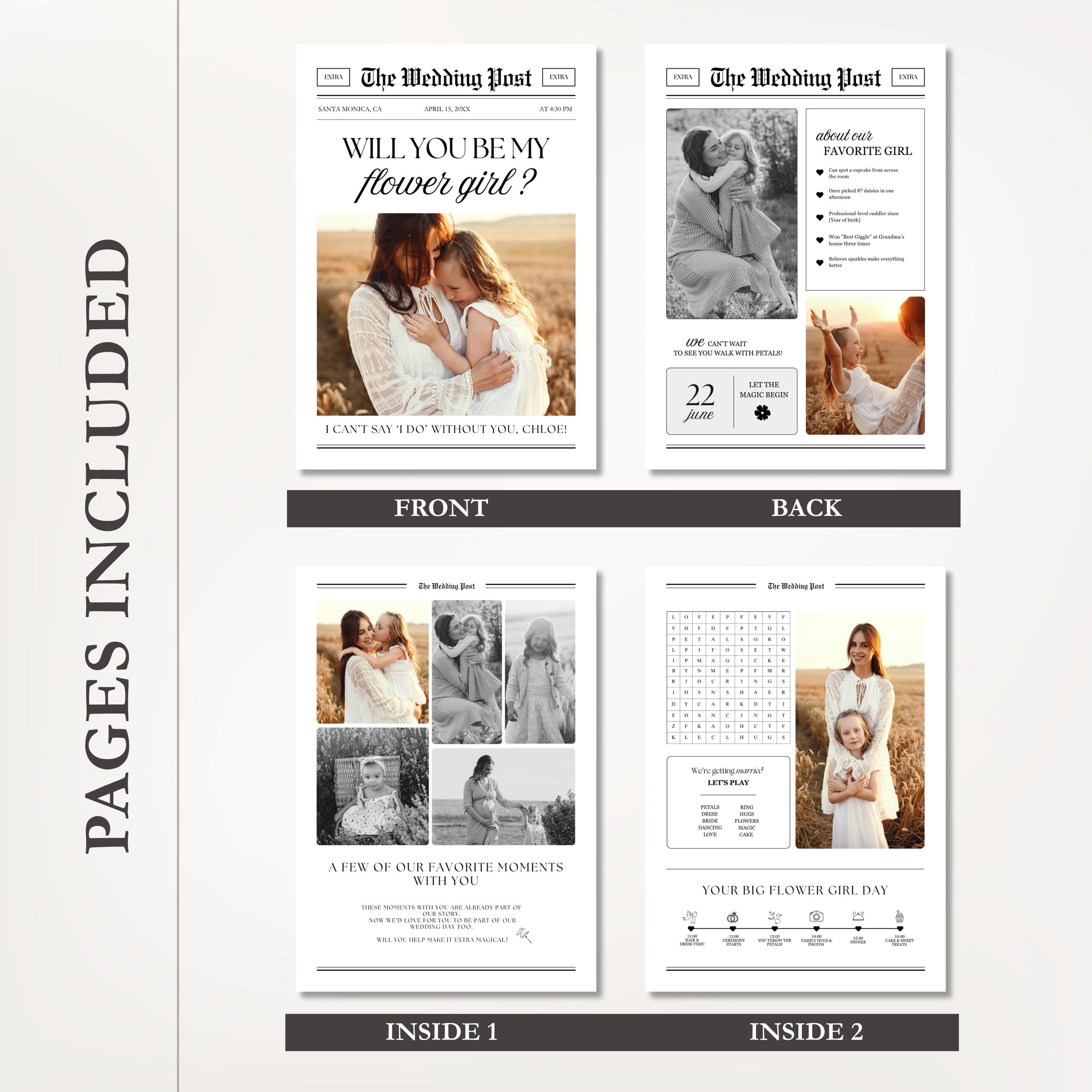 Flower Girl Proposal Newspaper Template, Editable Canva Design (Instant Download) — Canva editor view