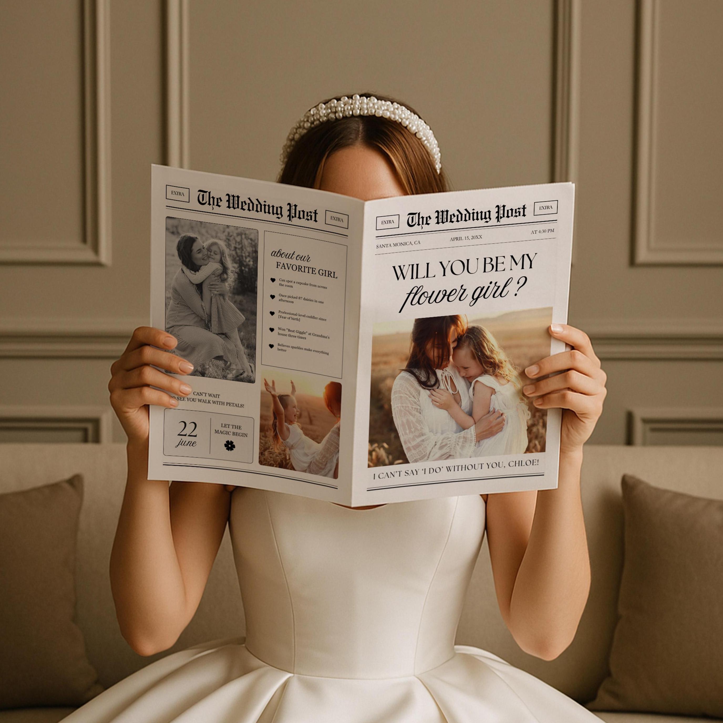 Flower Girl Proposal Newspaper Template, Editable Canva Design (Instant Download) — in real wedding context