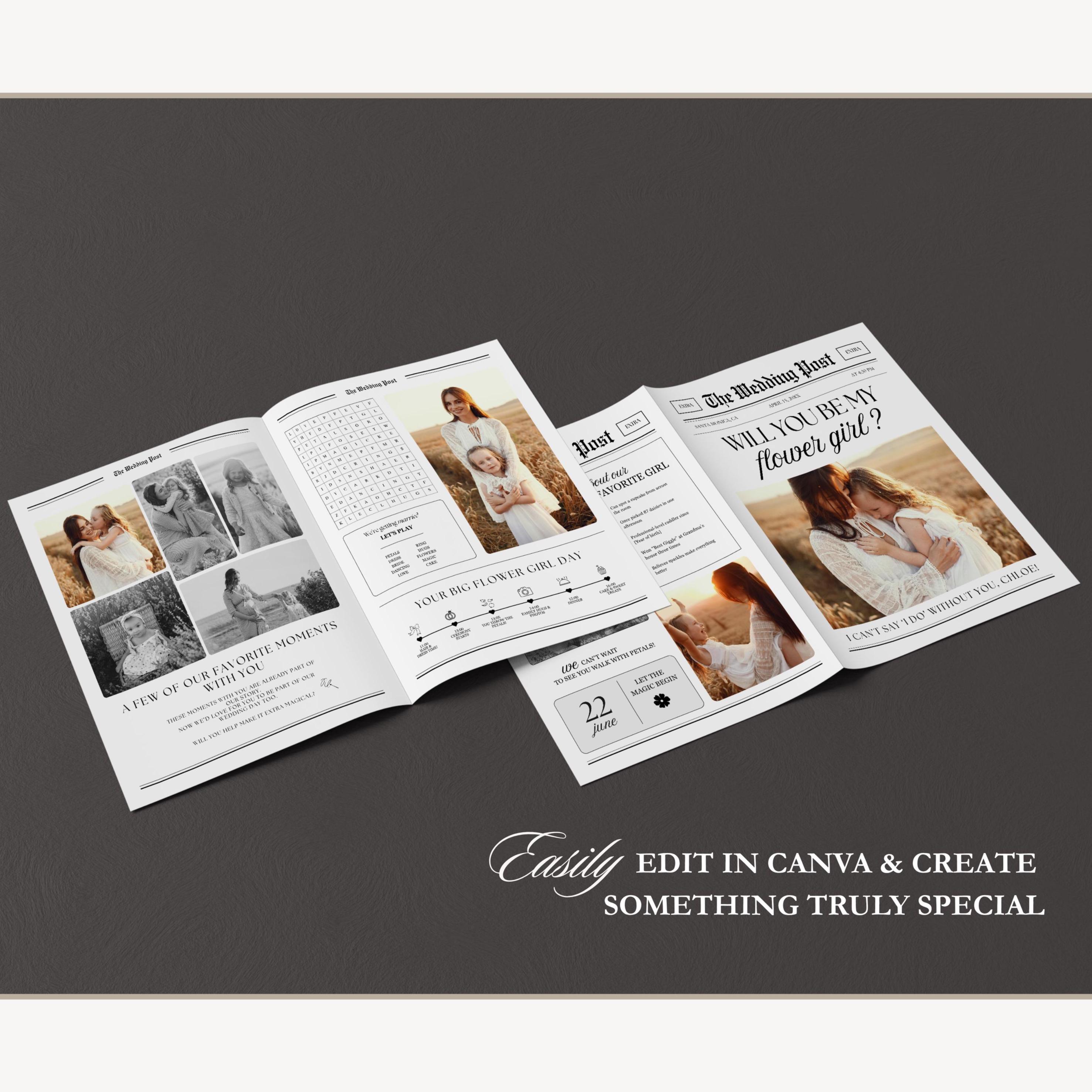 Flower Girl Proposal Newspaper Template, Editable Canva Design (Instant Download) — instant download files preview