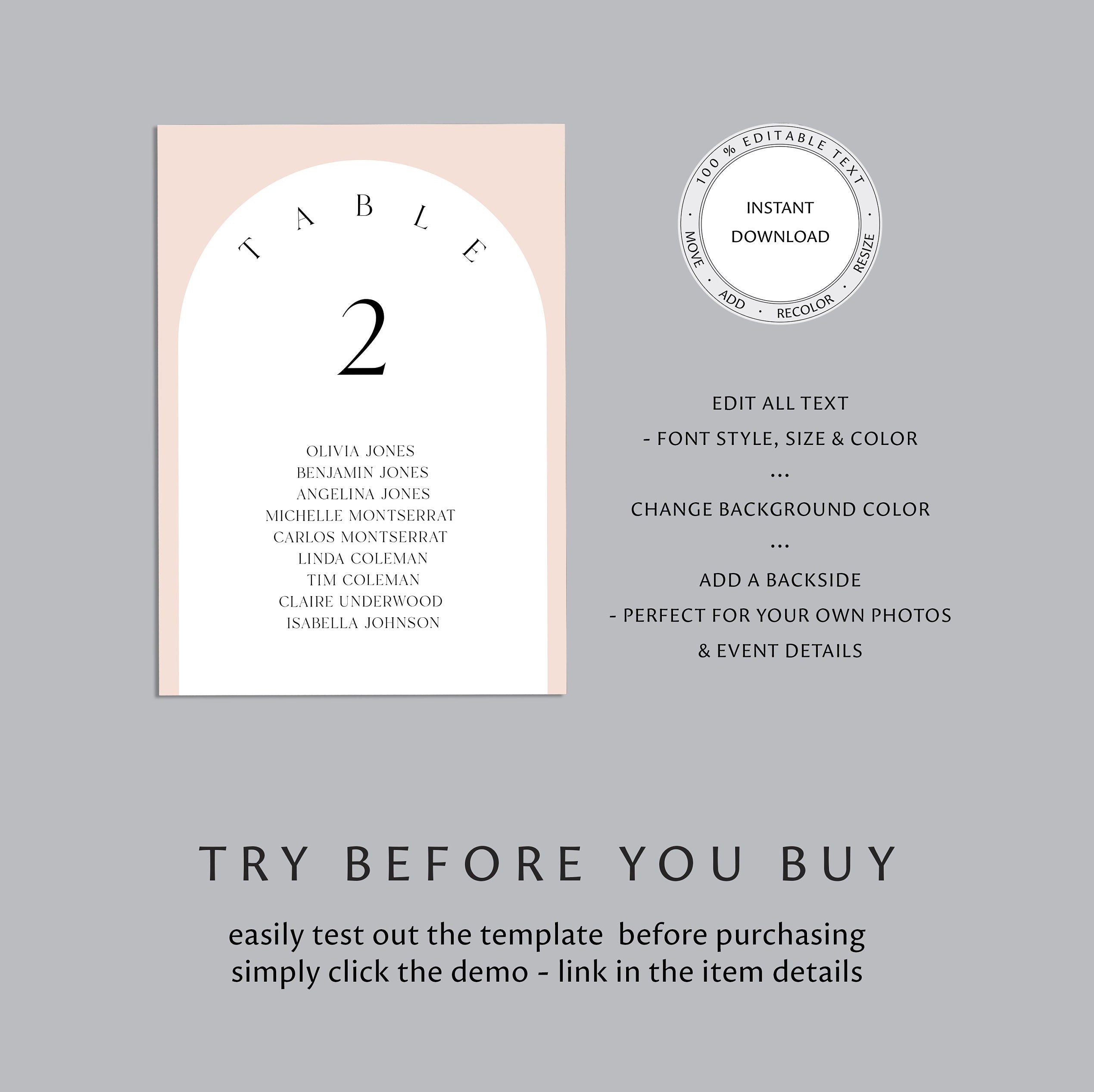 Arched Wedding Seating Cards Template, Minimalist Design (Instant Download) - image 5